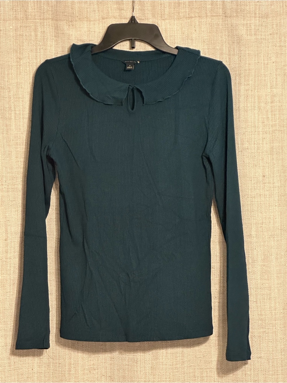 Ann Taylor Teal Long-Sleeve Ribbed Top with Ruffle Collar